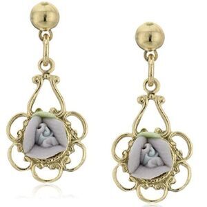 1928 Yellow Gold and Porcelain Lavender Rose Dangling Post Back Earrings